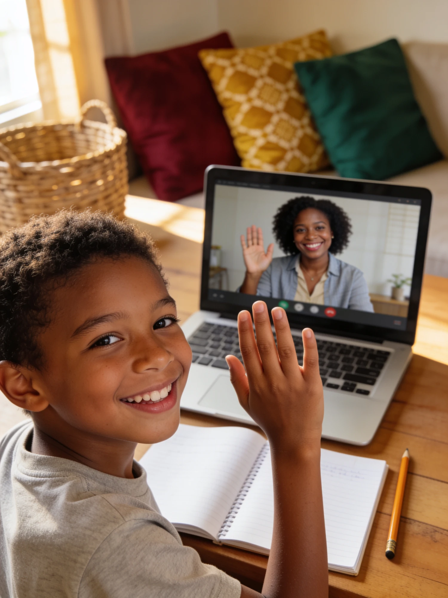 A smiling child waves at their tutor during a live online language lesson